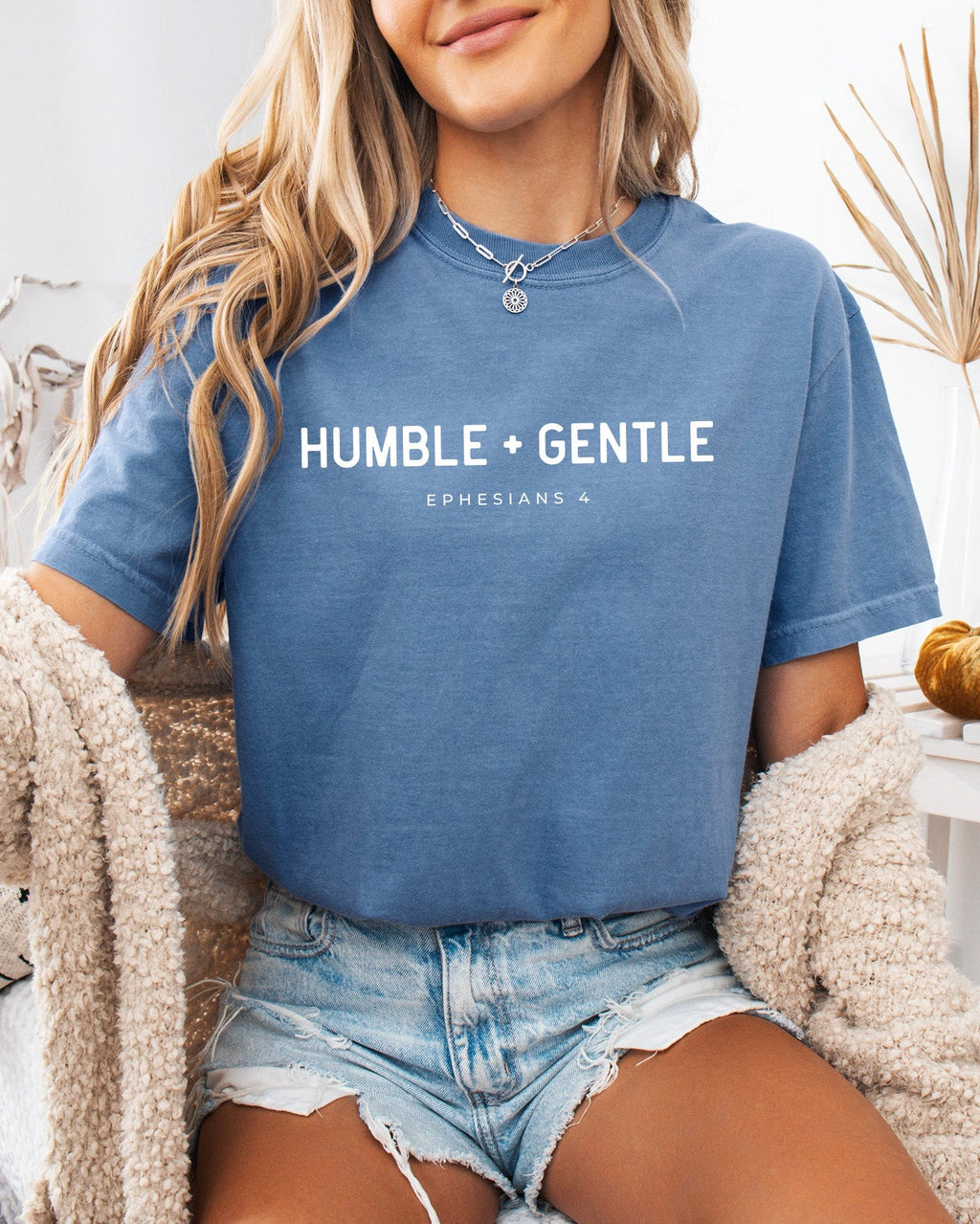 Garment-dyed unisex t-shirt, blue, crew neck, “Humble + Gentle” front print