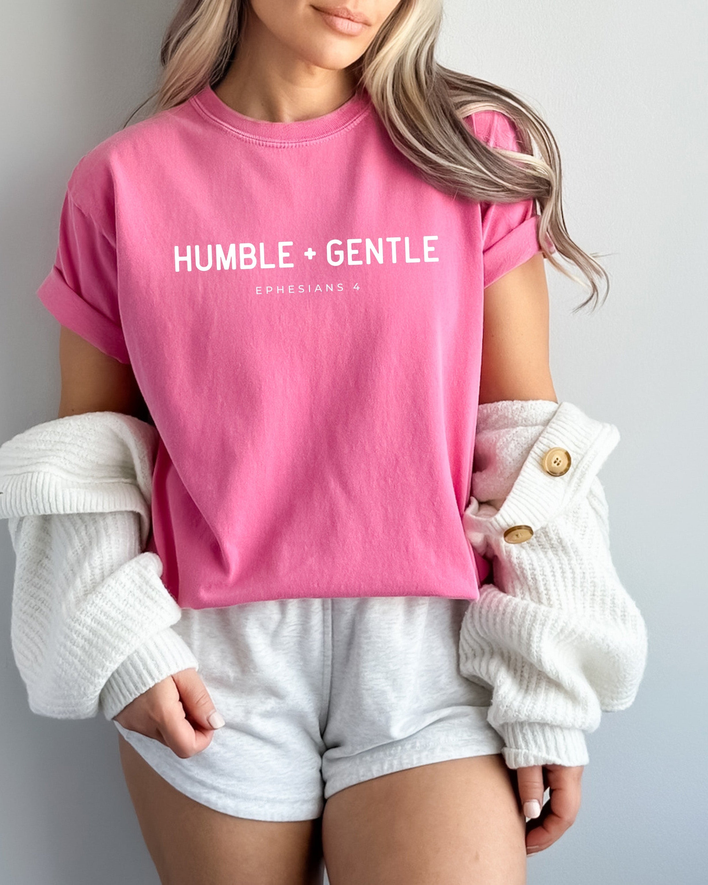 Garment-dyed T-shirt, pink with “HUMBLE + GENTLE” chest graphic