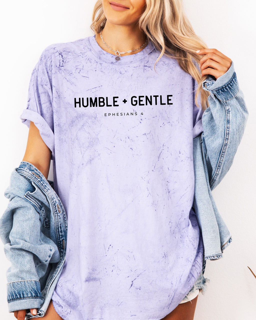 Garment-dyed unisex t-shirt, lavender, crew neck, “Humble + Gentle” front print