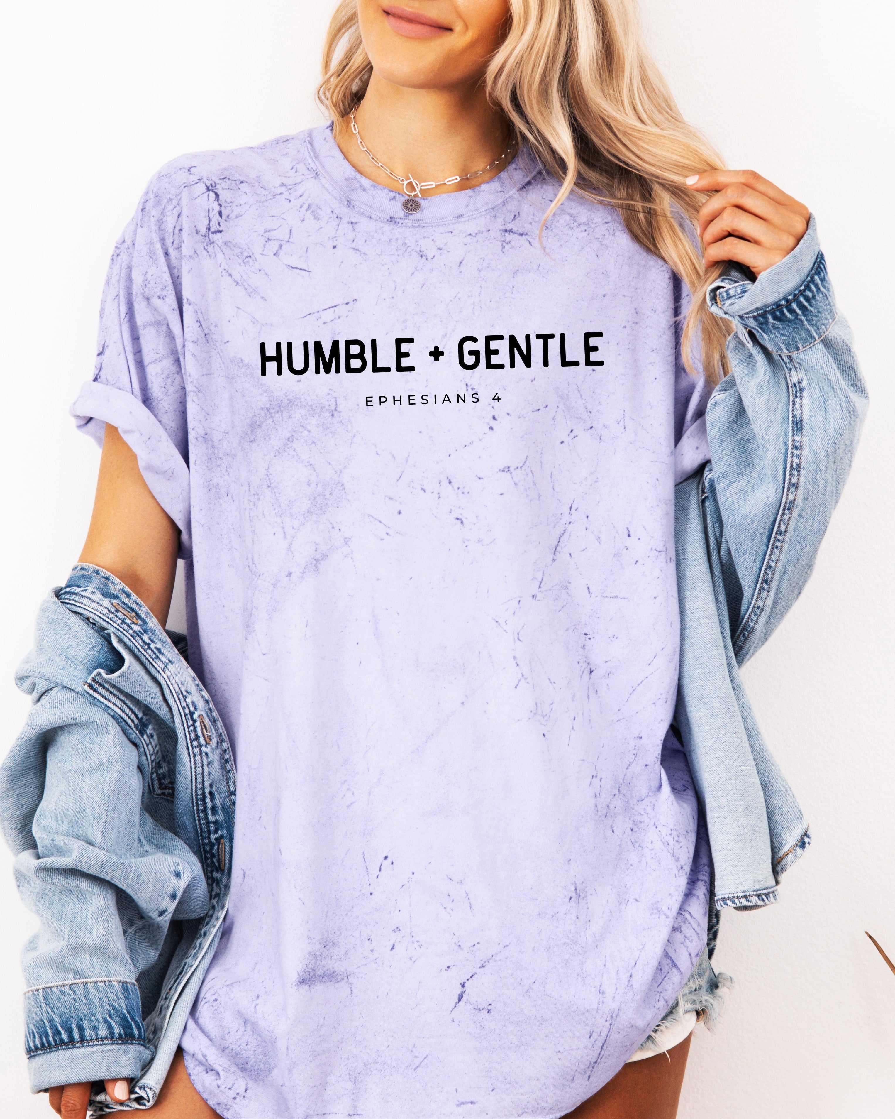 Garment-dyed unisex t-shirt, lavender, crew neck, “Humble + Gentle” front print