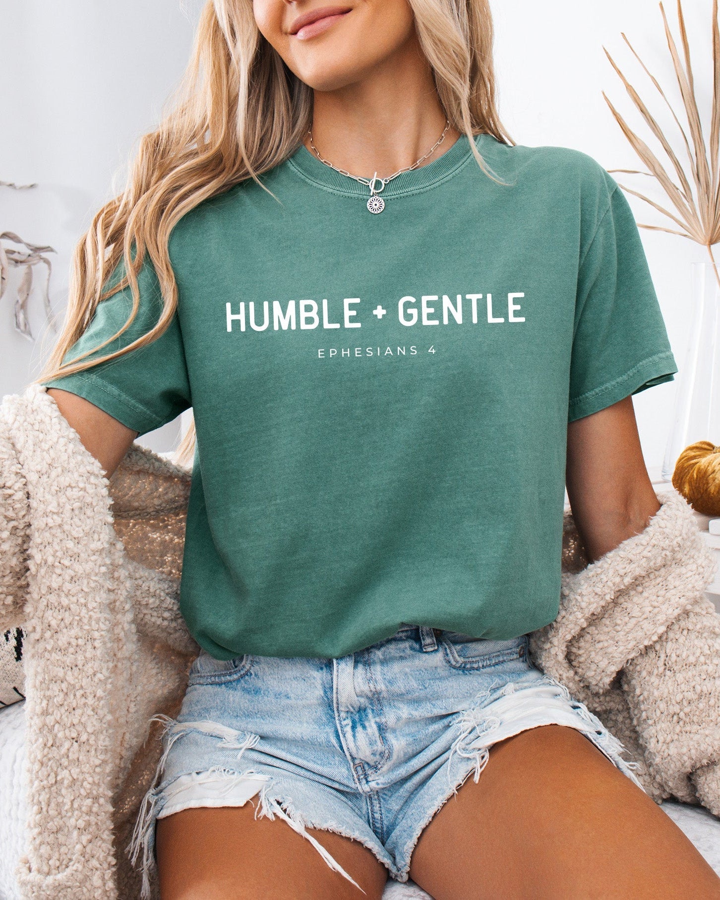 Garment-dyed unisex t-shirt, dark green, crew neck, “Humble + Gentle” front print