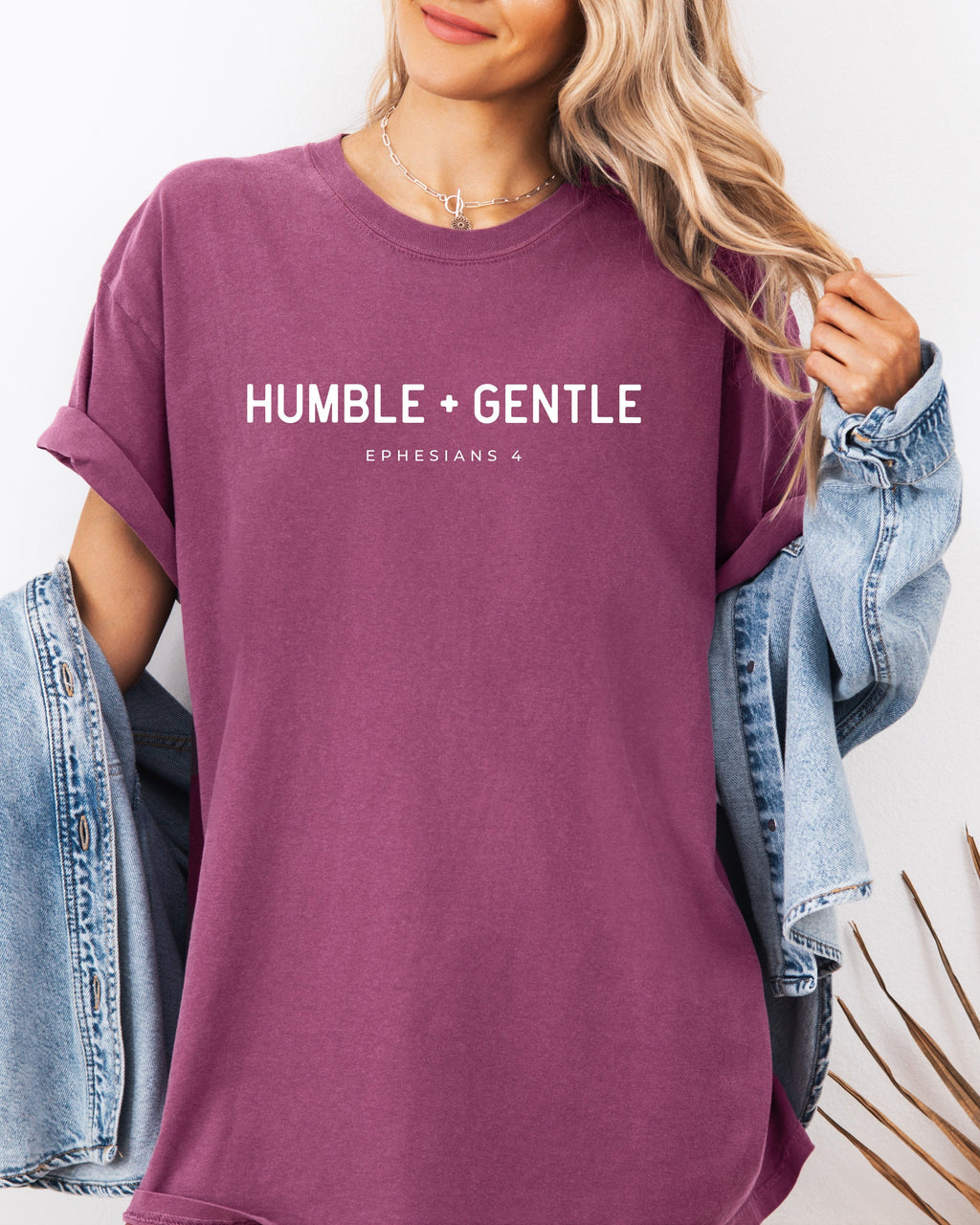 Garment-dyed T-shirt, plum with “HUMBLE + GENTLE” chest graphic
