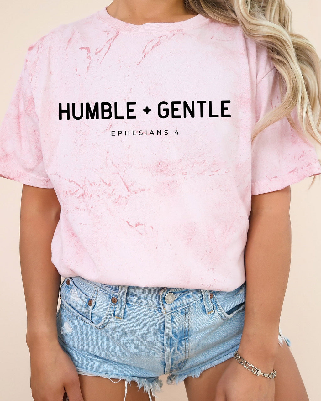 Garment-dyed T-shirt, light pink with “HUMBLE + GENTLE” chest graphic