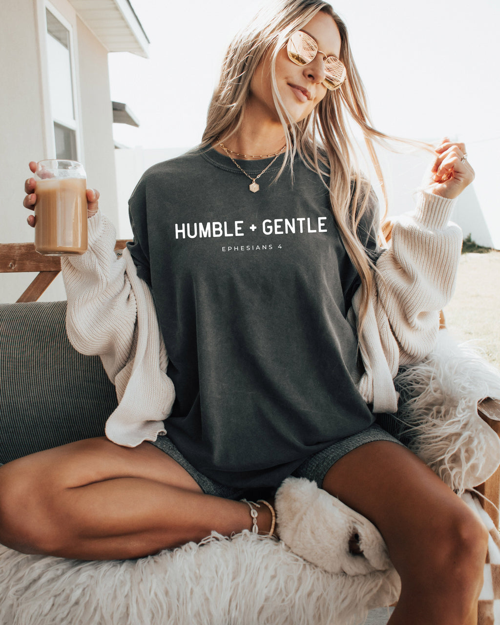 Garment-dyed T-shirt, dark gray with “HUMBLE + GENTLE” chest graphic