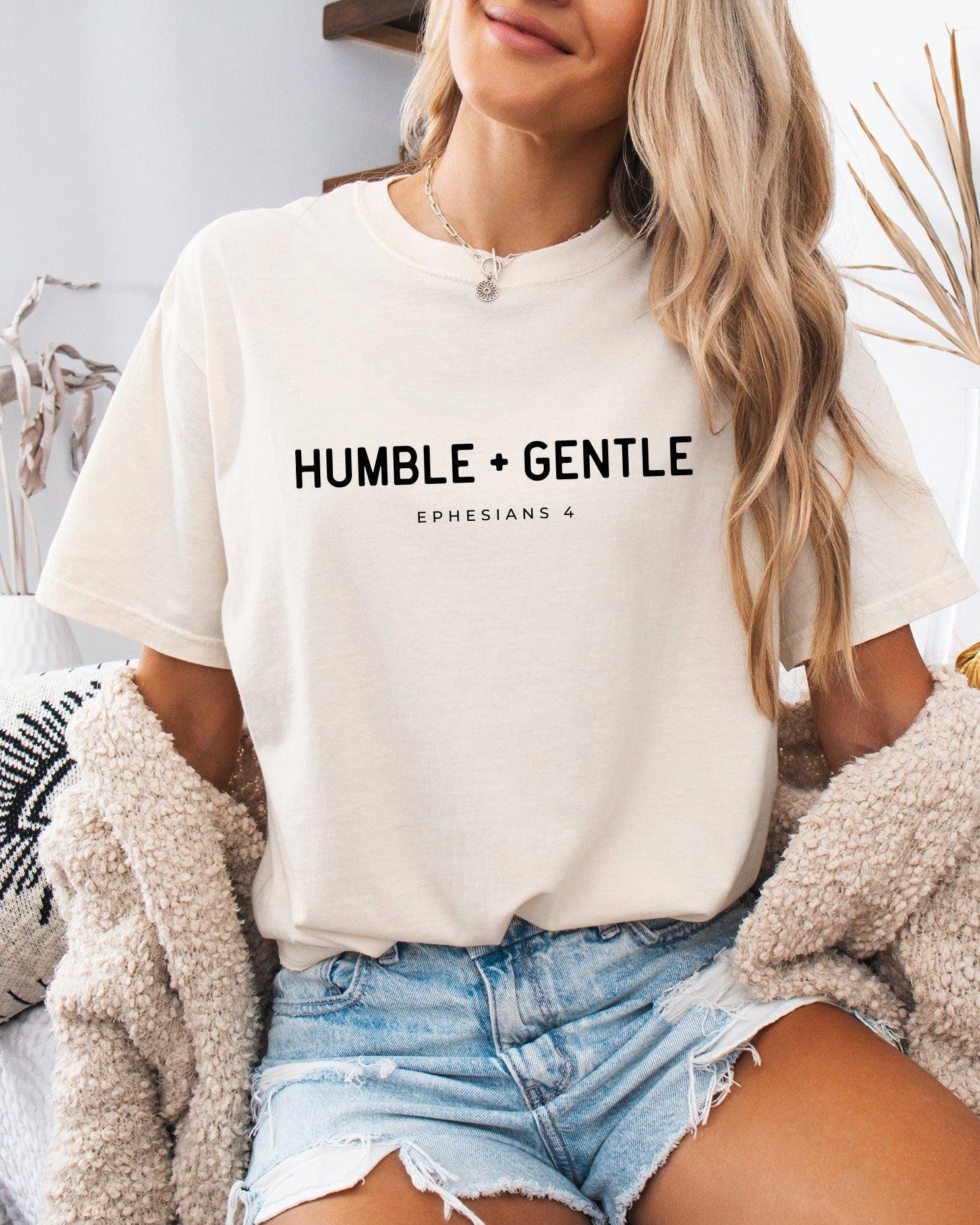 Garment-dyed T-shirt, white with “HUMBLE + GENTLE” chest graphic