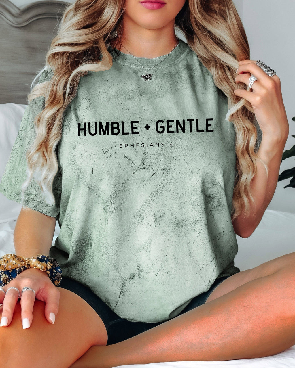 Garment-dyed T-shirt, muted green with “HUMBLE + GENTLE” chest graphic