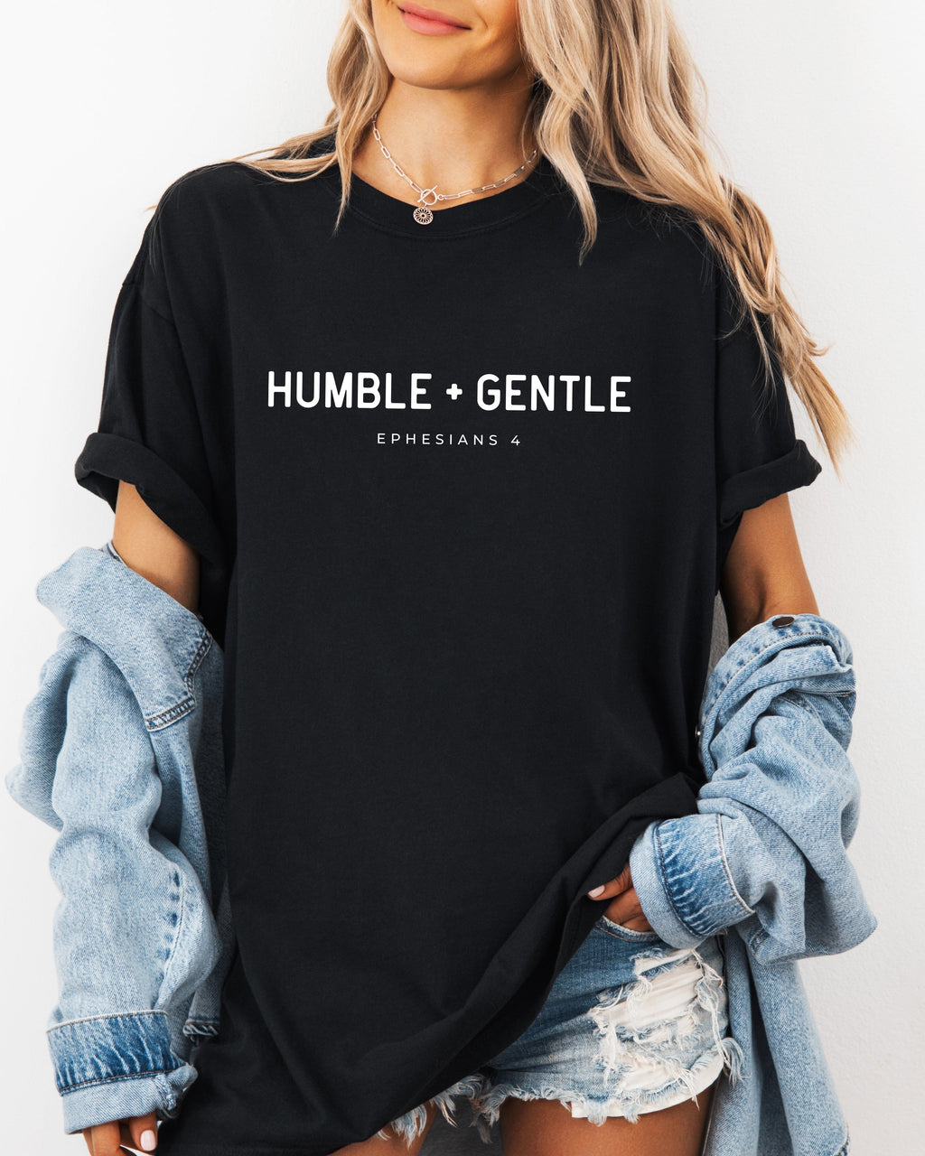 Garment-dyed T-shirt, black with “HUMBLE + GENTLE” chest graphic