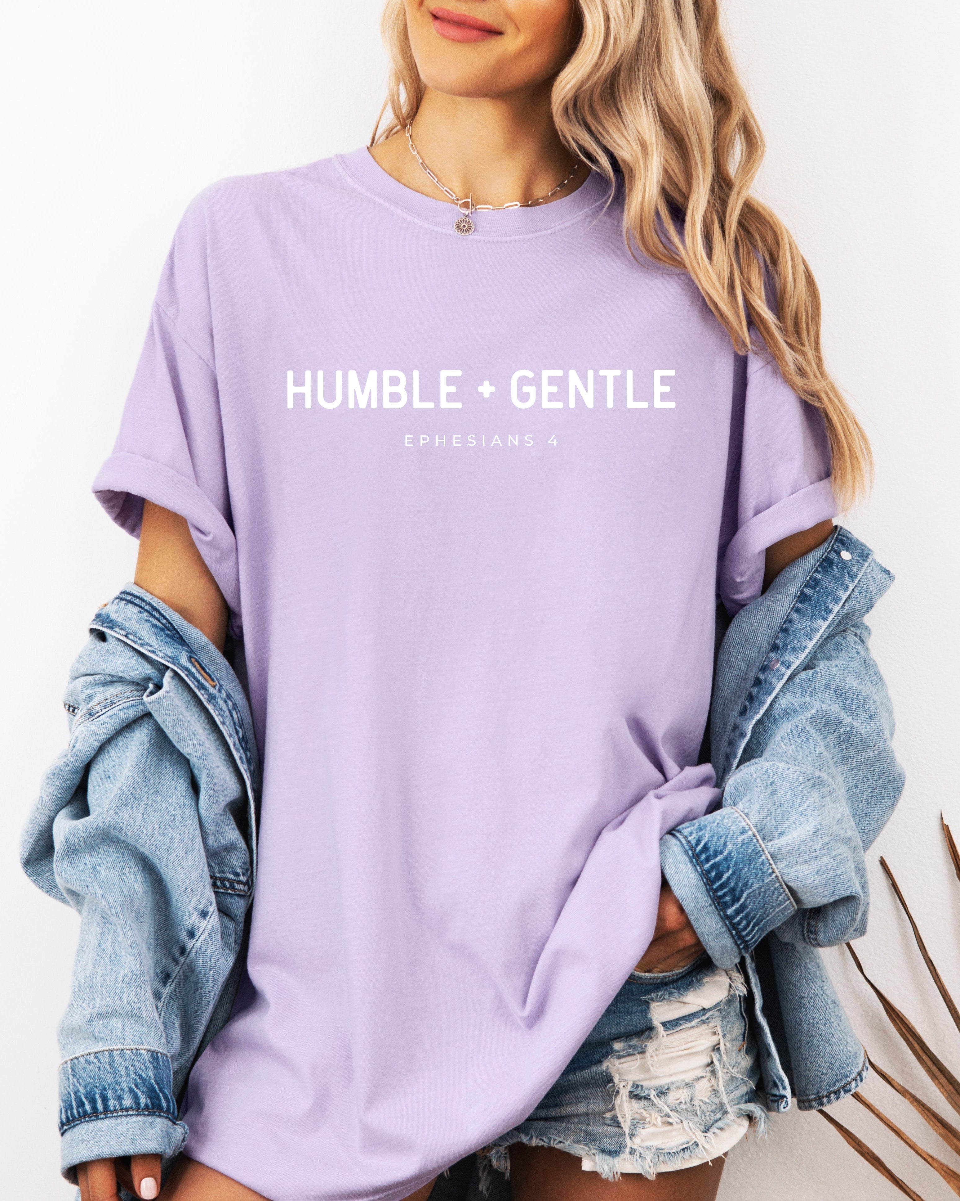 Garment-dyed T-shirt, lavender with “HUMBLE + GENTLE” chest graphic