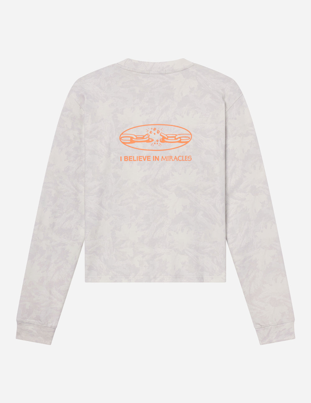 Long-sleeve heavyweight tee in white with orange back graphic and text