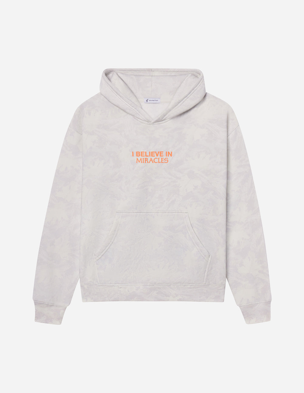 Unisex light gray hoodie with orange 'I Believe in Miracles' logo on the chest