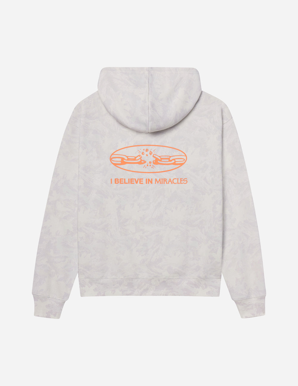 Unisex light gray hoodie with orange back graphic and 'I Believe in Miracles' text