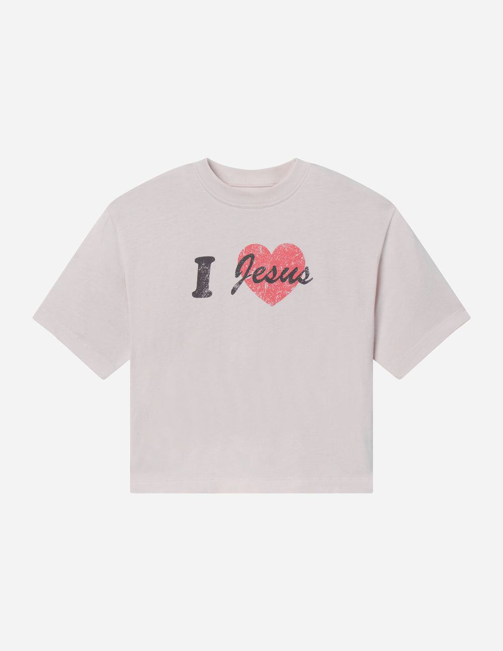 Cropped white women's tee with 'I Jesus' red heart and black I front print