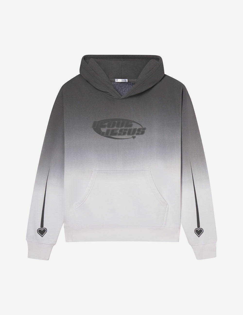 Unisex gray pullover hoodie, front view, 'I Love Jesus' logo and heart cuffs