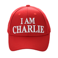 Red embroidered cap with white 'I AM CHARLIE' text on front