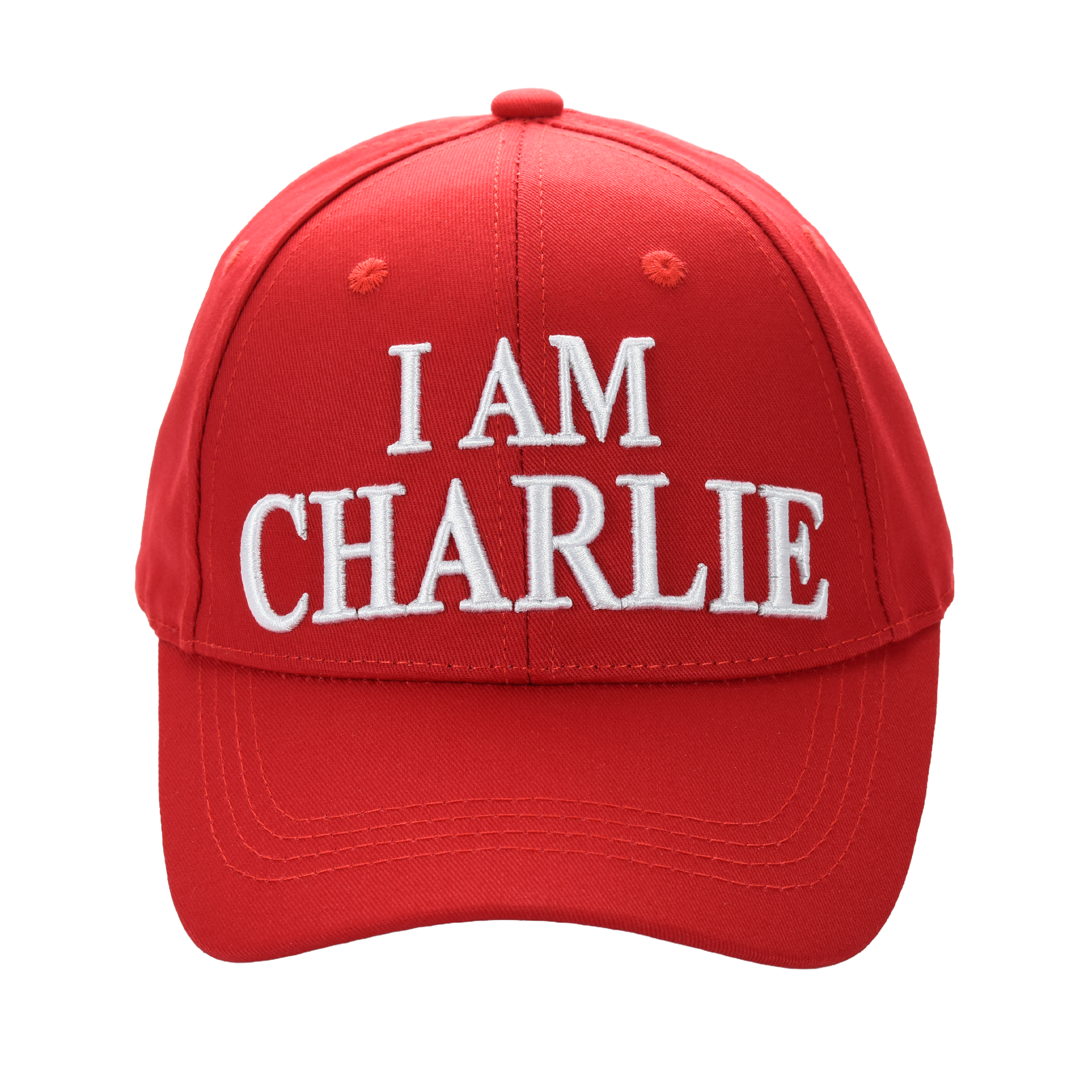 Red embroidered cap with white 'I AM CHARLIE' text on front