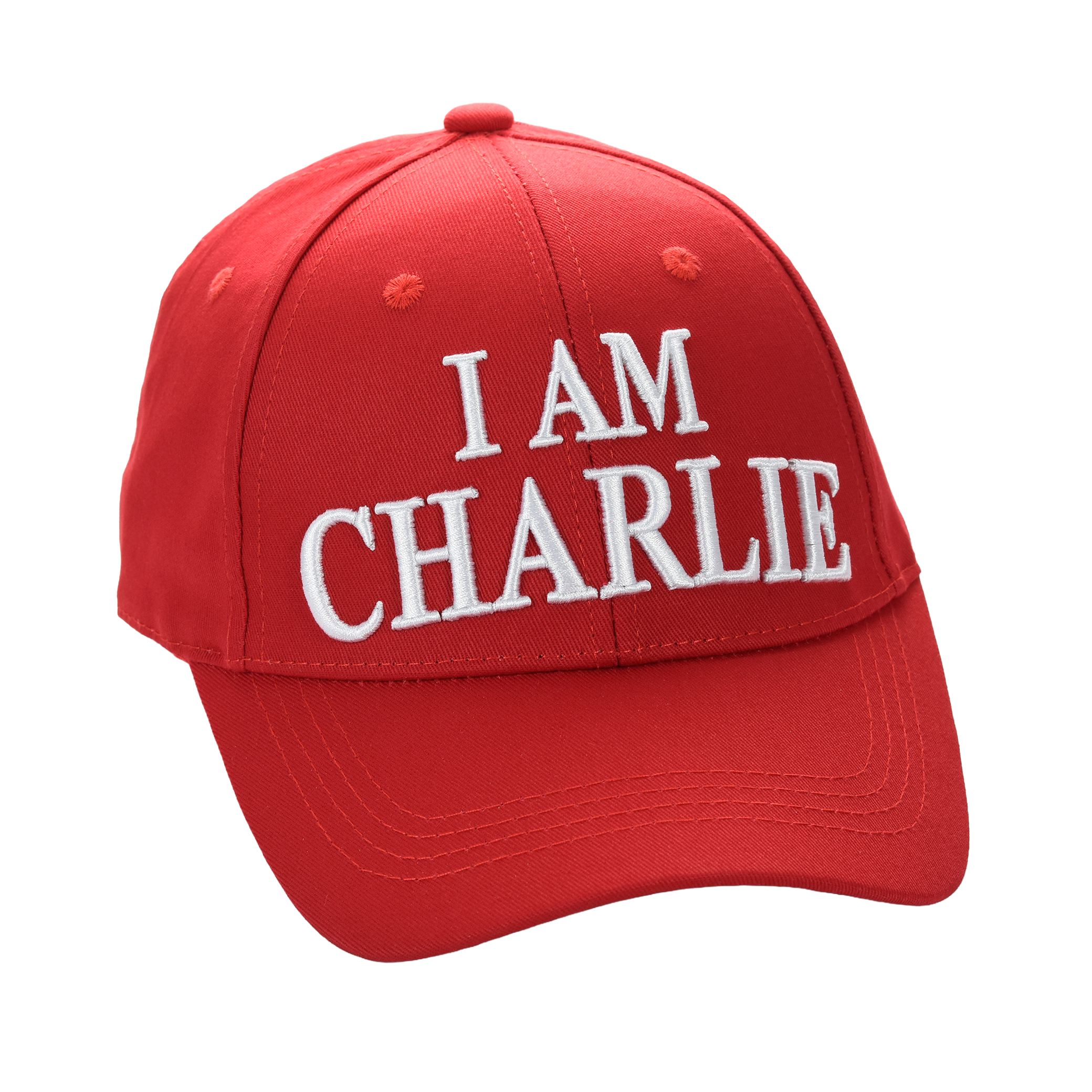 Red embroidered cap with white 'I AM CHARLIE' lettering