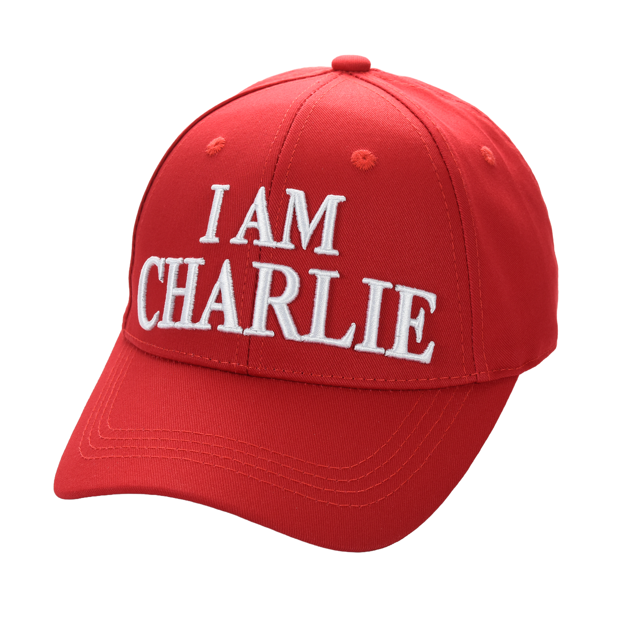 Red embroidered cap angled view with white 'I AM CHARLIE' text