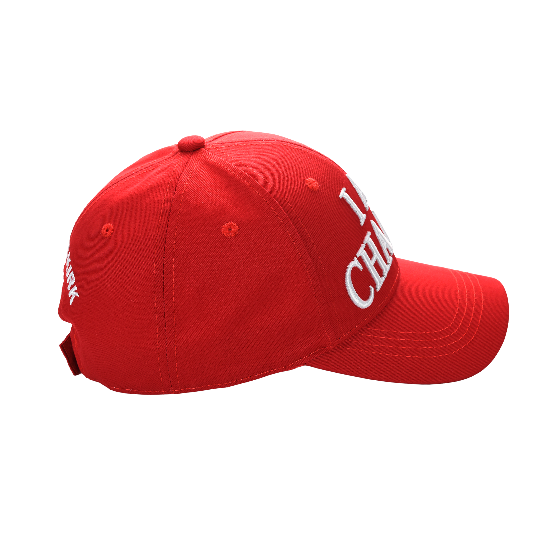 Red cap side view with partial white embroidered lettering