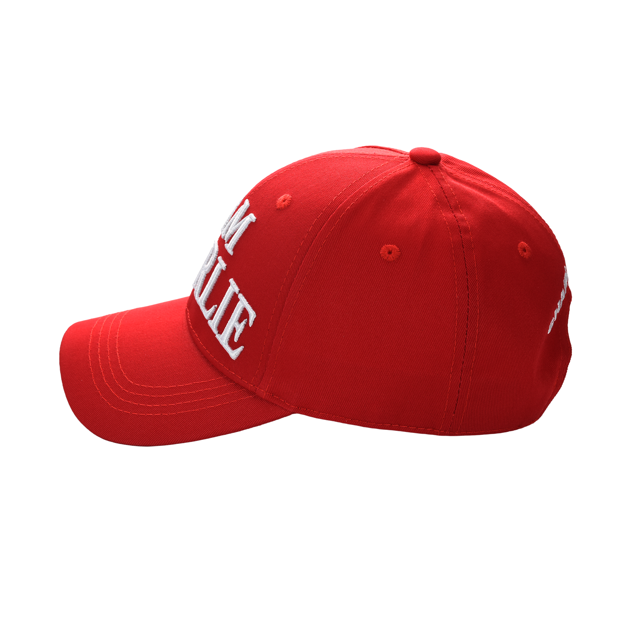 Red cap side view with partial white 'CHARLIE' embroidery
