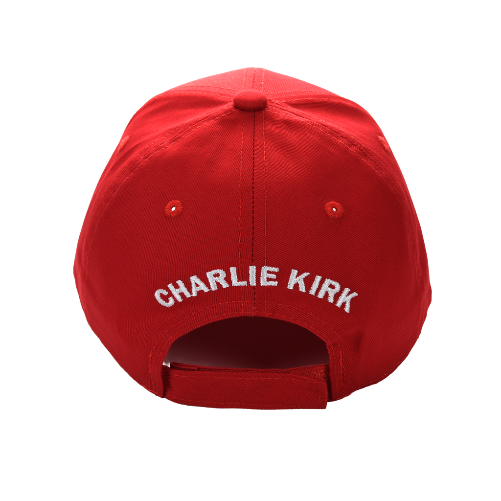 Red cap back view with white 'CHARLIE KIRK' embroidered text