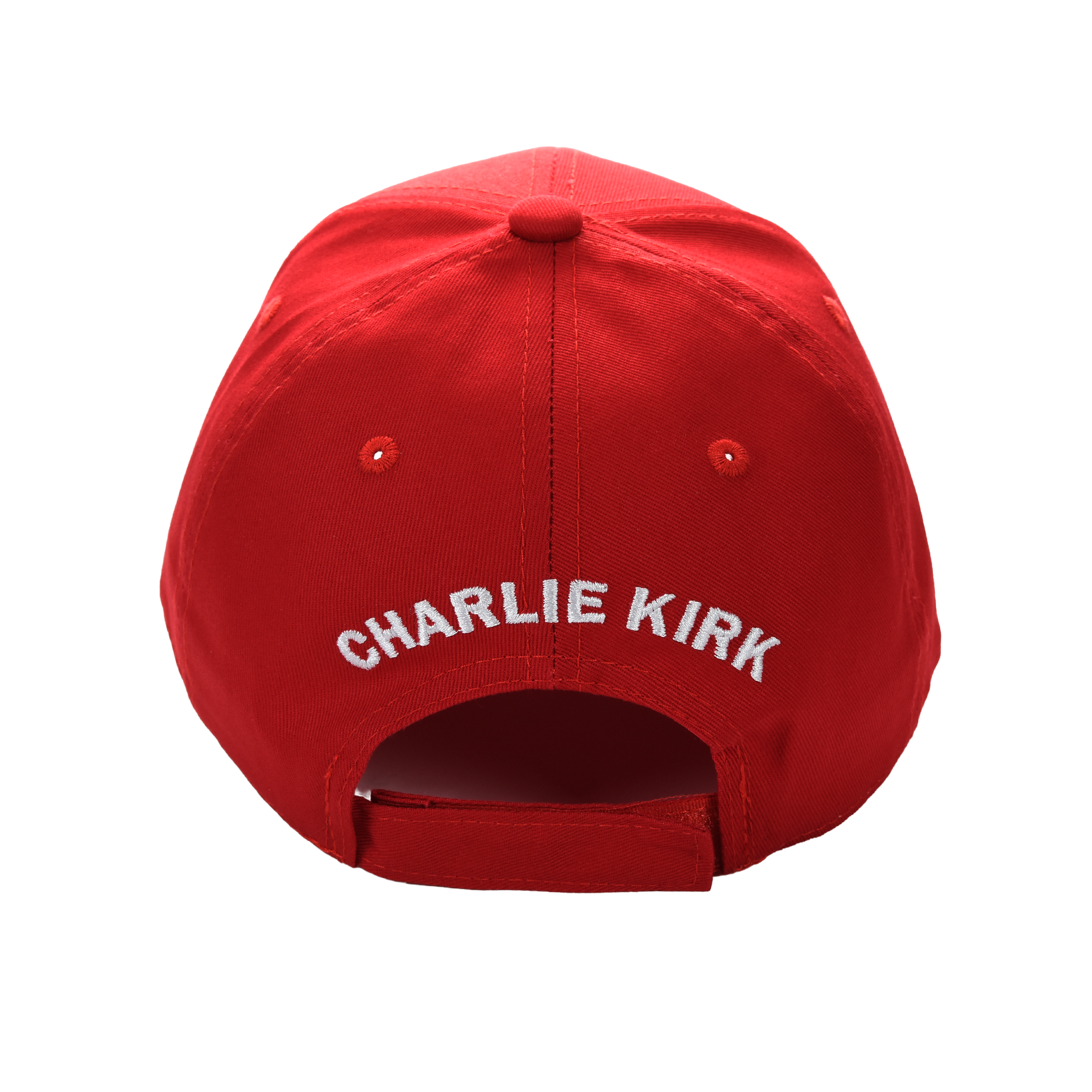 Red cap back view with white 'CHARLIE KIRK' embroidered text