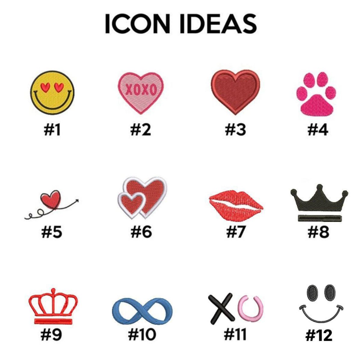 Icon ideas graphic with hearts, lips, crown, paw and numbered design examples