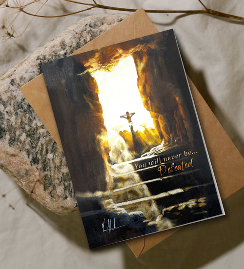 Easter greeting card with fiery cross and 'You will never be defeated' text