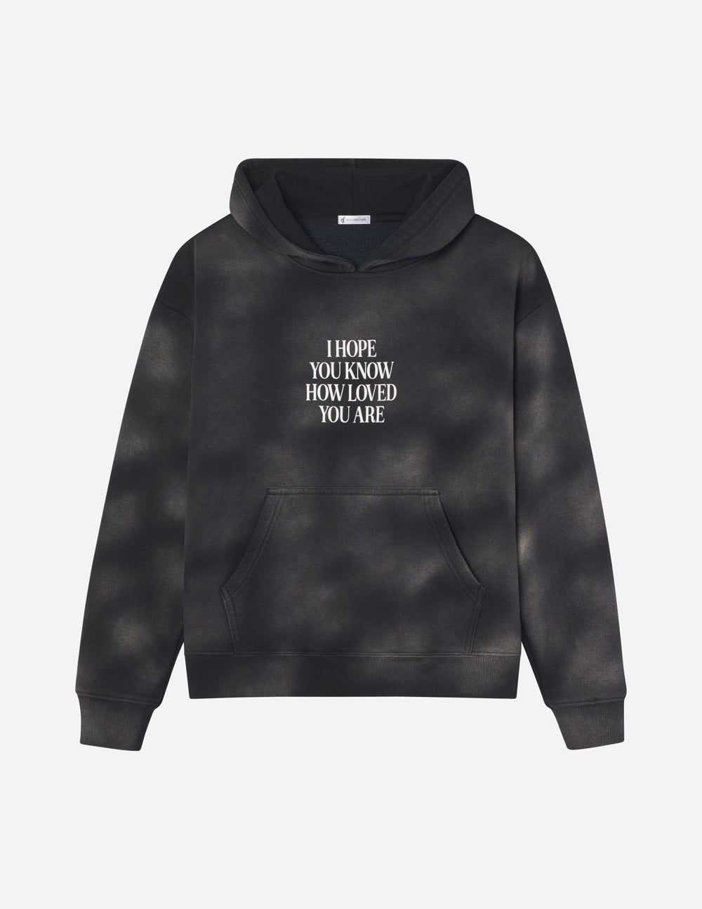 Unisex hoodie in dark charcoal with white quote print and front kangaroo pocket