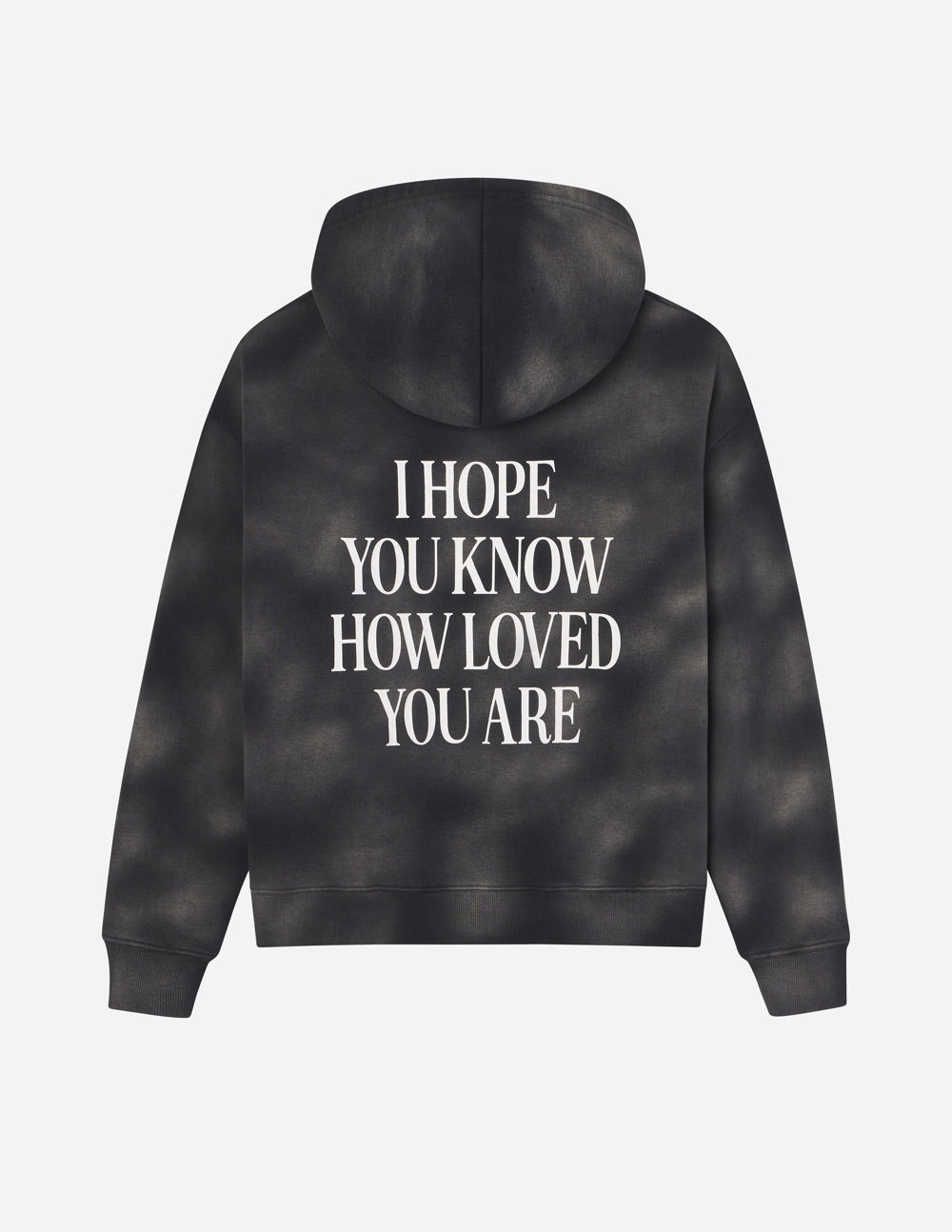 Unisex hoodie in dark charcoal with white quote print on back and hood