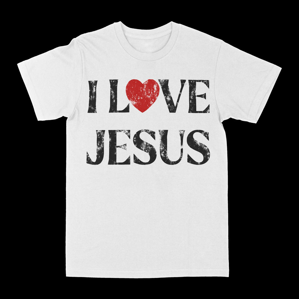 White graphic T-shirt with LOVE and JESUS text and a red heart design