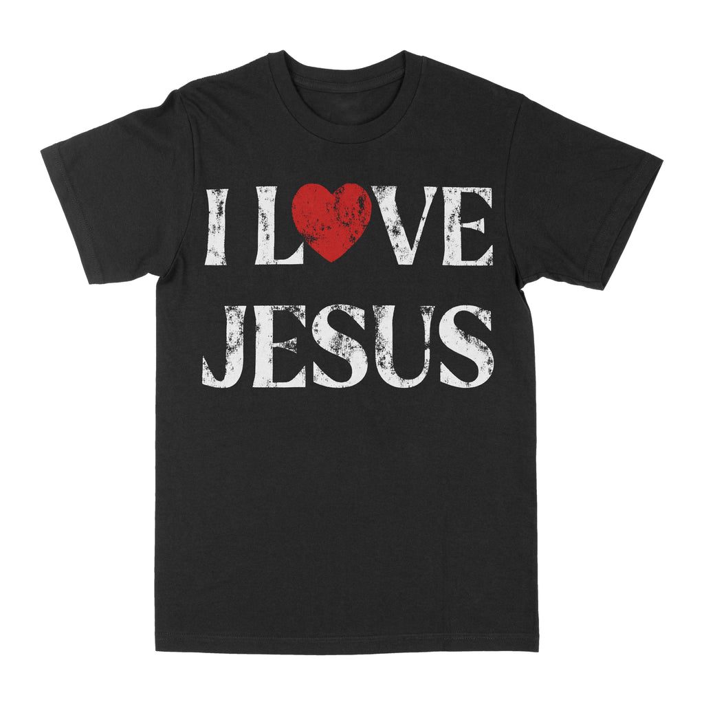 Black graphic T-shirt with LOVE and JESUS text and a red heart design