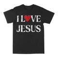 Black graphic T-shirt with LOVE and JESUS text and a red heart design
