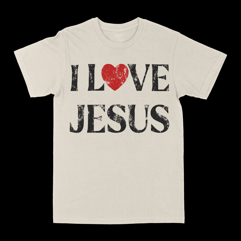 Cream graphic T-shirt with LOVE and JESUS text and a red heart design