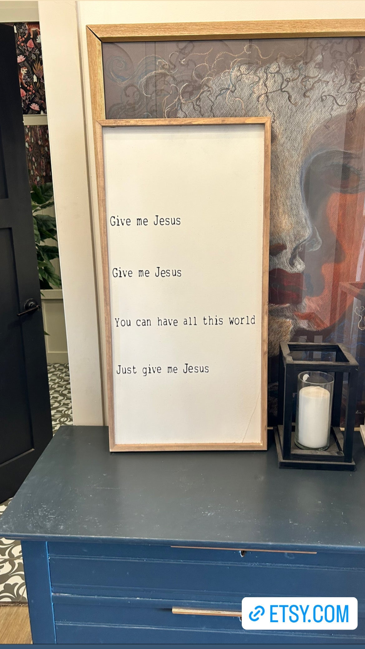 Minimalist wooden room decor sign with framed text 'Give me Jesus' and 'Just give me Jesus'