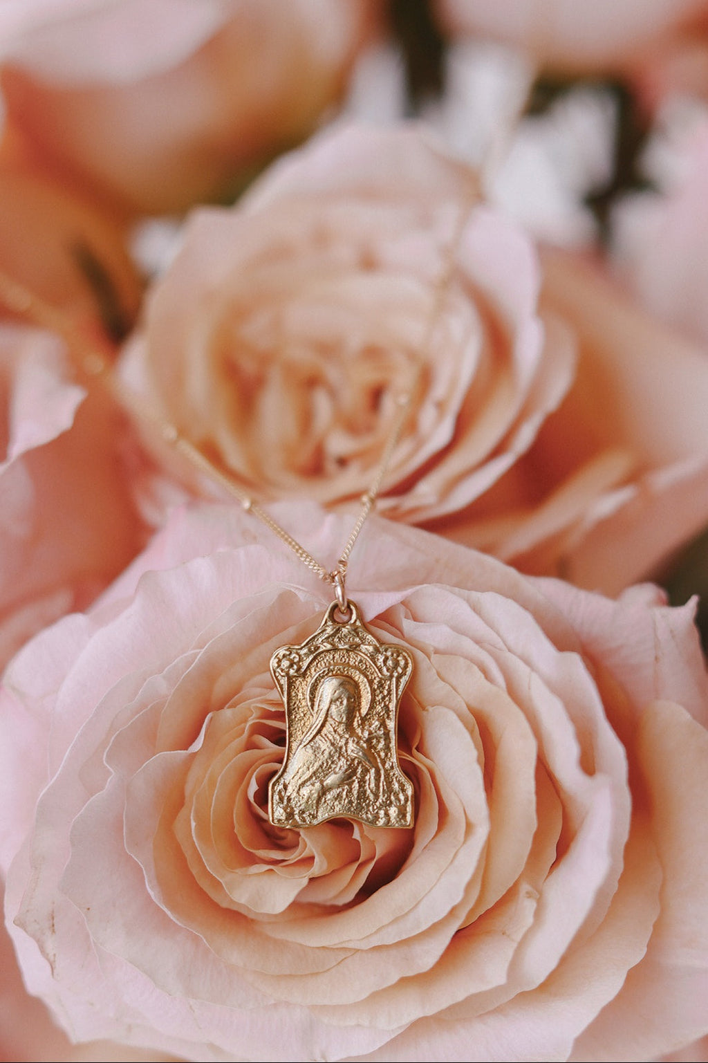 St. Therese gold vermeil pendant necklace with rectangular medallion and chain