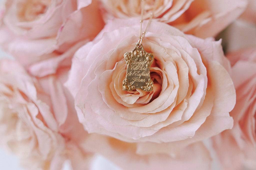 St. Therese gold vermeil pendant on chain with engraved rectangular medallion