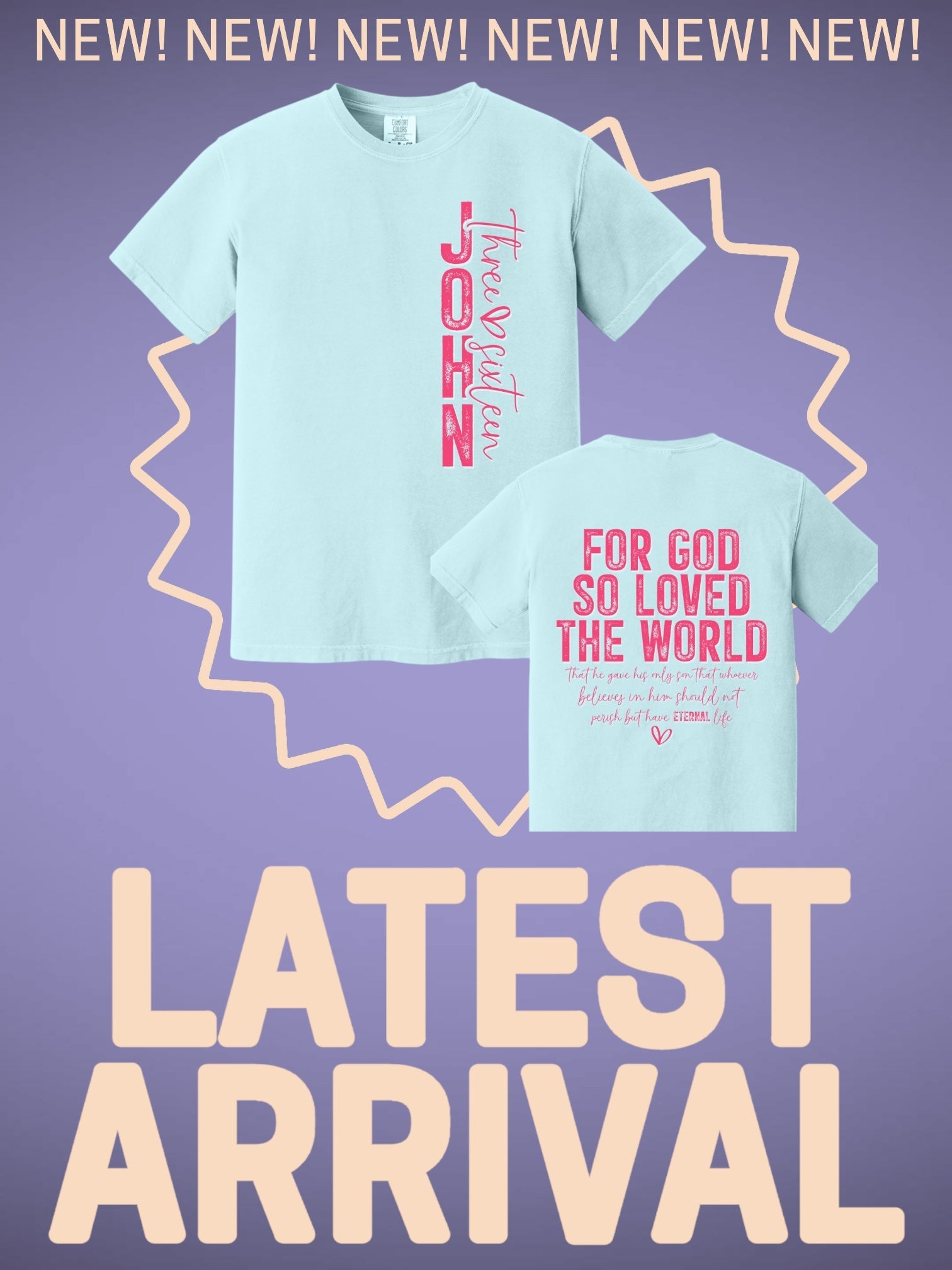 Light blue T-shirt with red vertical 'John 3:16' and 'For God so loved the world' print