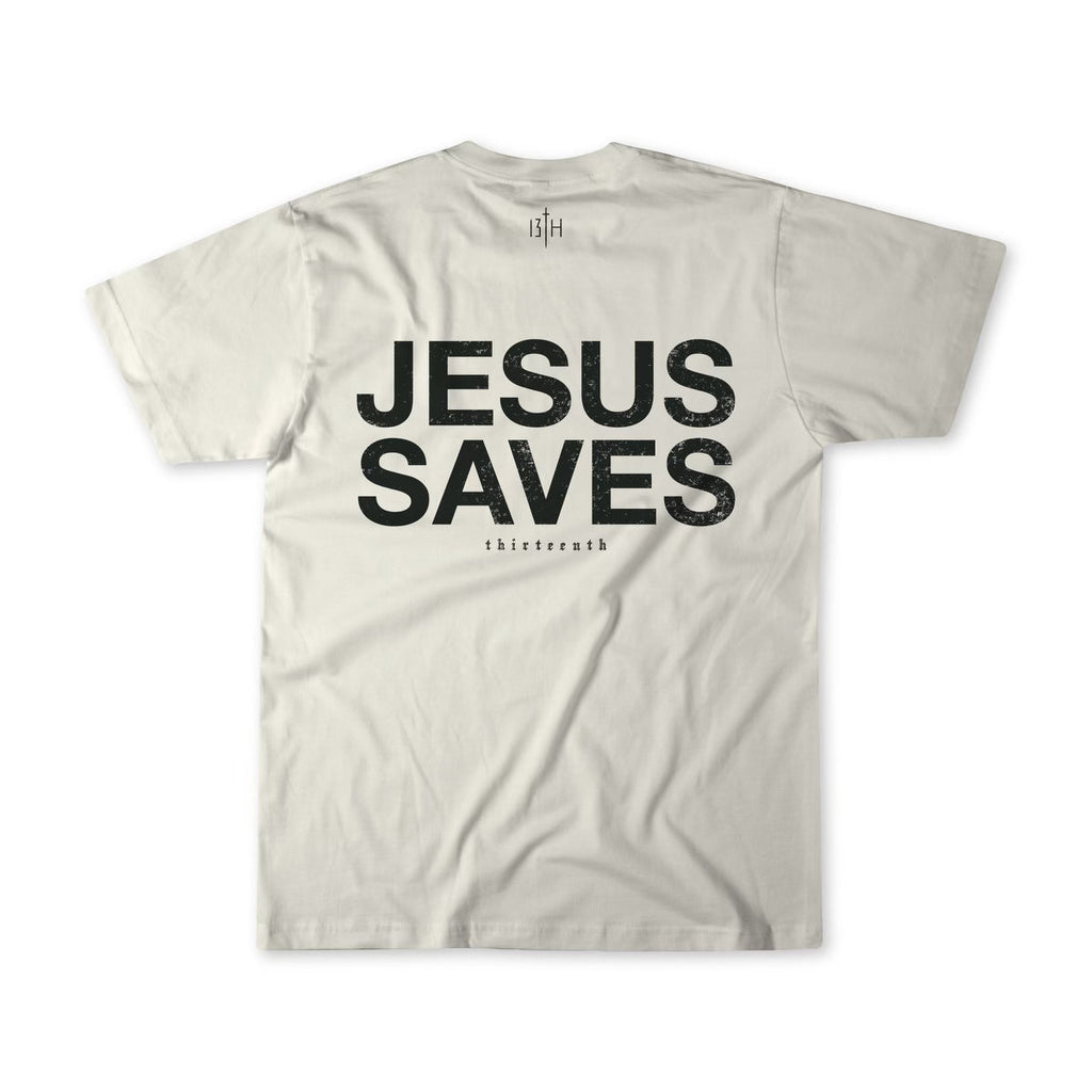 Ivory T-shirt, large “JESUS SAVES” graphic on front