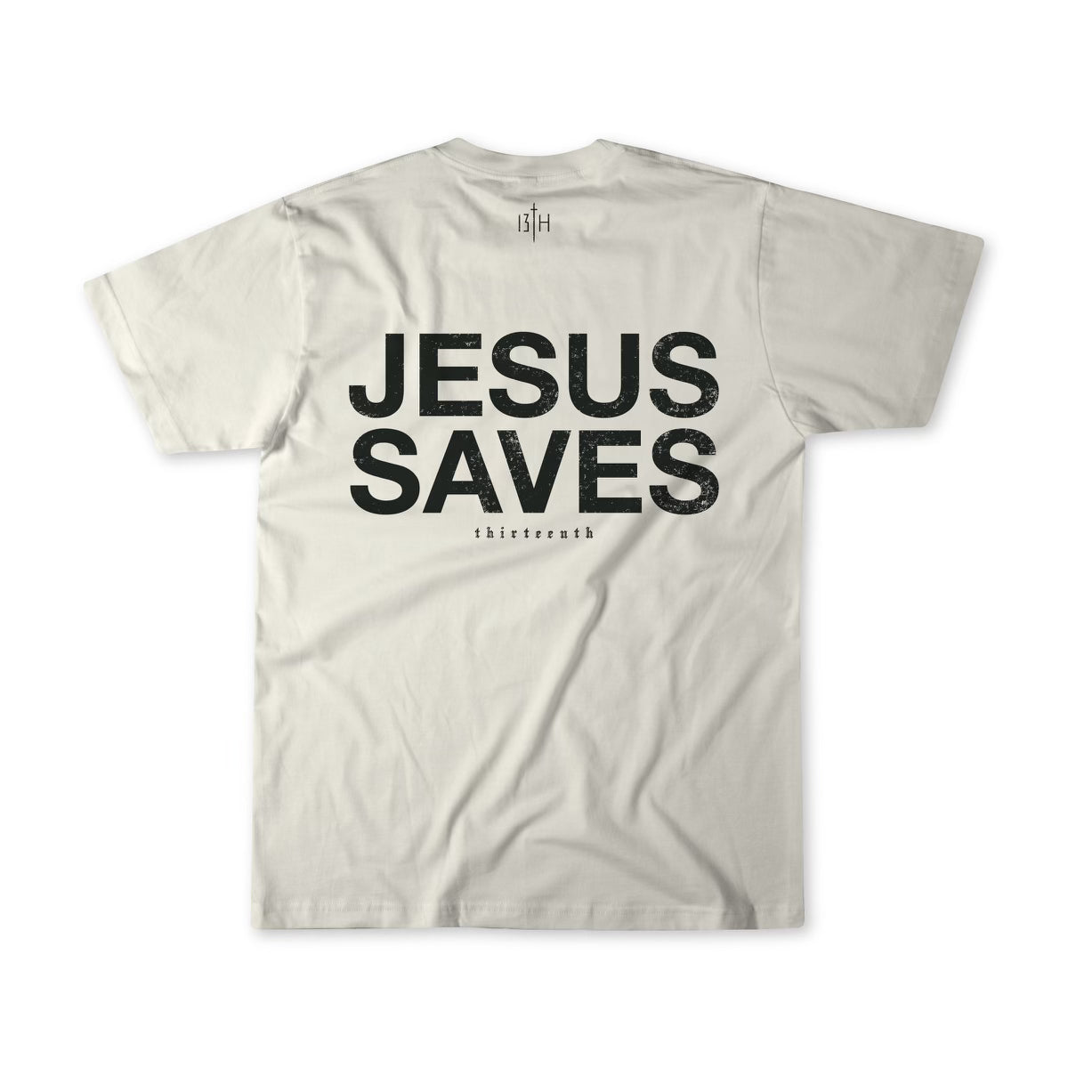 Ivory T-shirt, large “JESUS SAVES” graphic on front