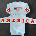 Light blue crewneck sweatshirt with large red 'AMERICA' lettering and flag-style emblem