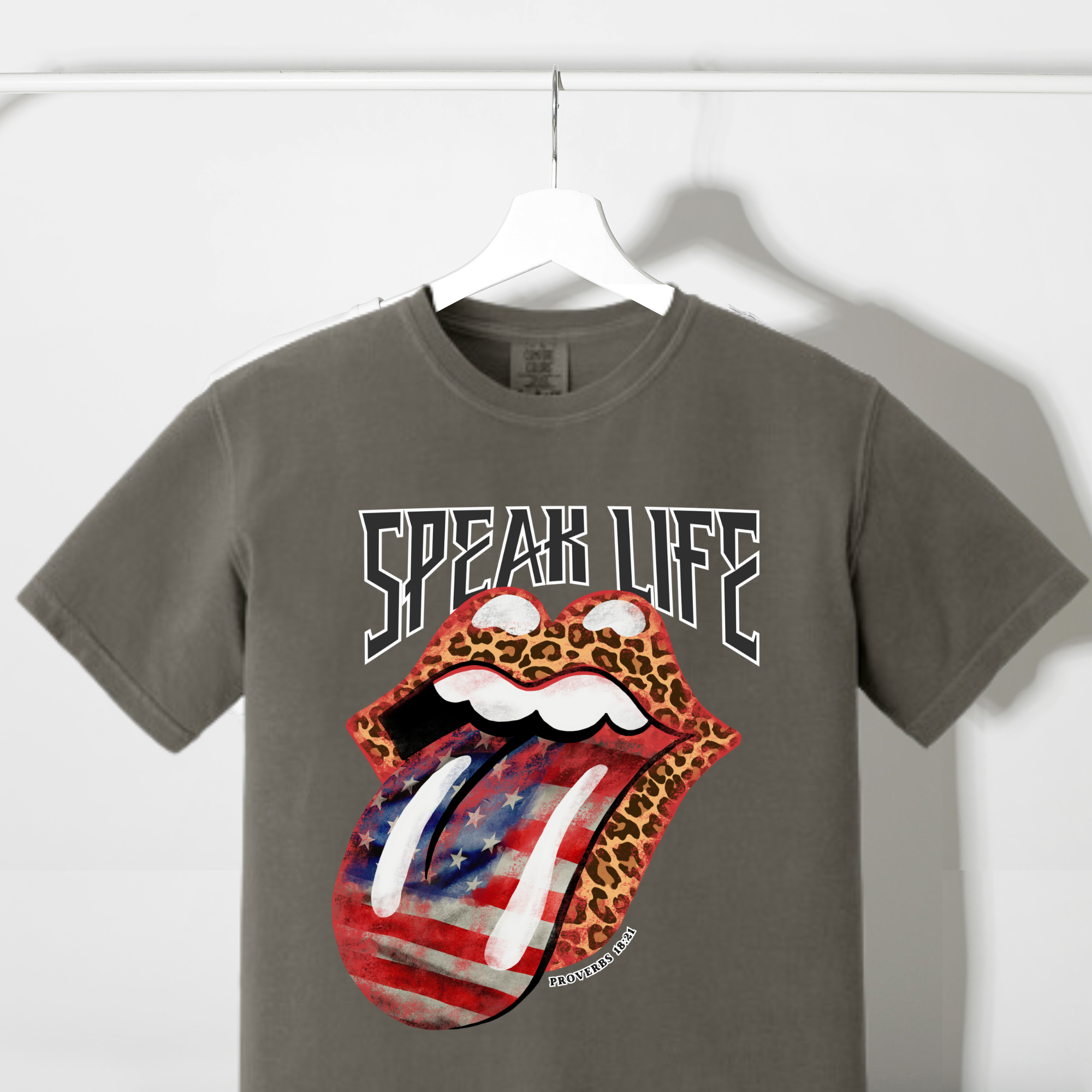 Dark gray Comfort Colors T-shirt with Speak Life graphic lips and tongue