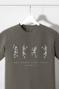 Dark gray graphic T-shirt with skeleton dancers and Dry Bones Come Alive lettering
