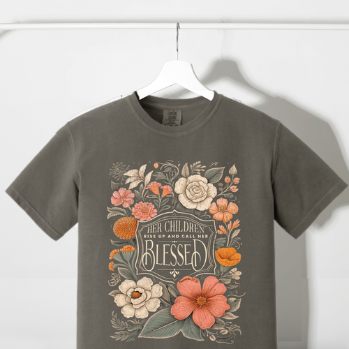 Floral graphic T-shirt with crew neck, dark gray, and beige orange flower print