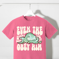 Pink crewneck T-shirt with large front lettering and wave graphic