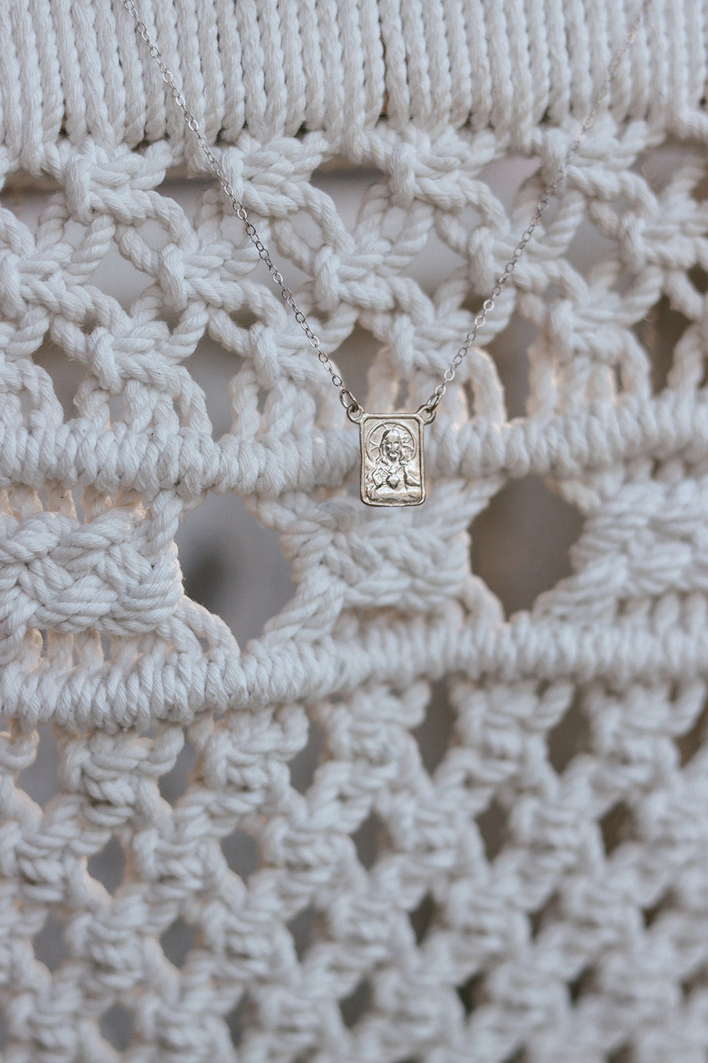 Silver scapular pendant necklace with rectangular saint medal on chain