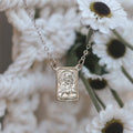 Silver scapular necklace with rectangular saint medal pendant, silver-tone chain