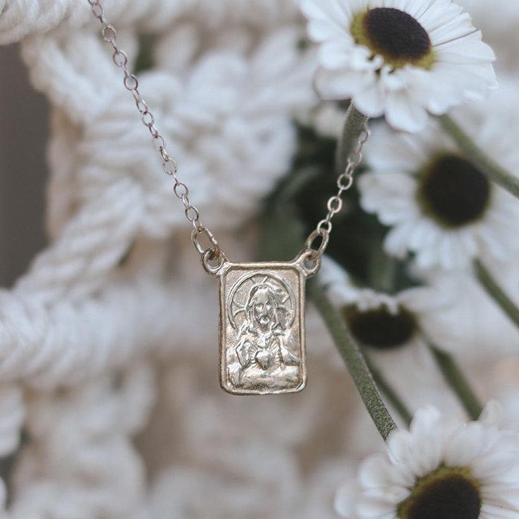 Silver scapular necklace with rectangular saint medal pendant, silver-tone chain