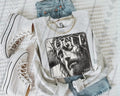 Light gray crewneck T-shirt with large black-and-white portrait graphic on front
