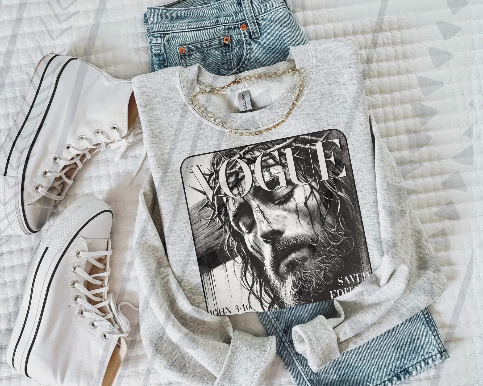 Light gray crewneck T-shirt with large black-and-white portrait graphic on front