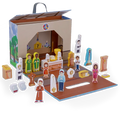 Church playset with miniature figures, altar, and accessories in carrying box